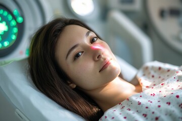 A young woman resting in a hospital bed with medical equipment.