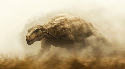 Obraz premium A dinosaur depicted in a dusty, prehistoric landscape, showcasing its powerful form.