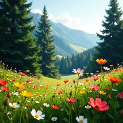 Fototapeta premium Wildflowers swaying gently in the breeze amidst tall trees, wildflower field, natural atmosphere, serene landscapes