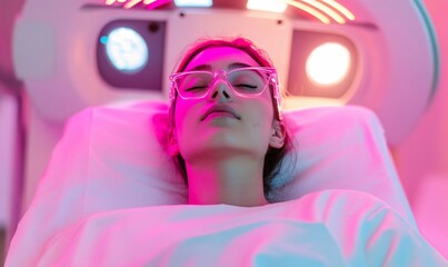 A woman relaxing under colorful therapeutic lights in a clinic.
