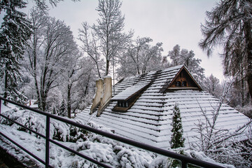 Traditional romanian house with snow covered roof and chimneys surrounded by snowy trees in a winter landscape, creating a cozy and picturesque scene