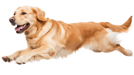 Energetic Golden Retriever Playfully Leaping in Mid-Air with Joyful Expression Capturing the Spirit of Canine Fun and Movement in Natural Environment