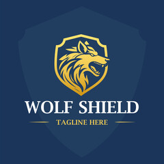 Golden Wolf head logo with shield shape vector illustration