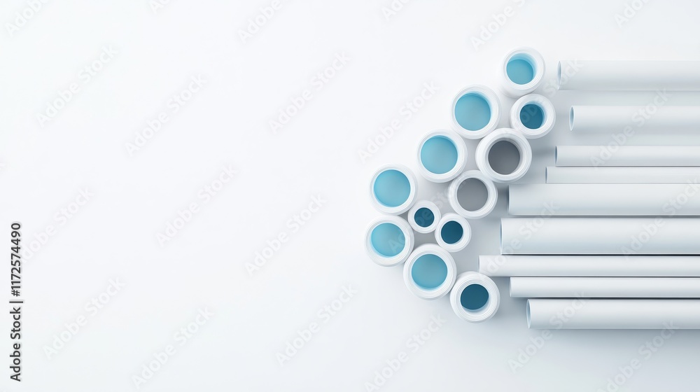 Poster abstract composition of white tubes with circular openings in various sizes showcasing shades of blu