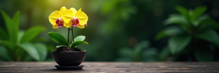 Yellow orchid sprouts from a pot on a black wooden table, table, garden, black