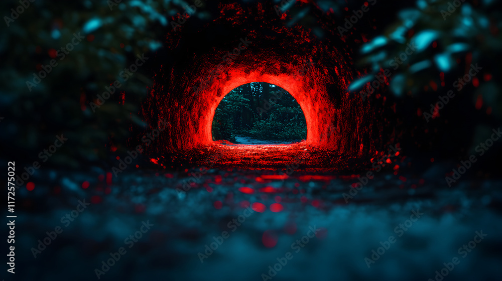 Aufkleber green forest glimpsed through tunnel exit, red light casting mysterious glow with soft bokeh blurrin