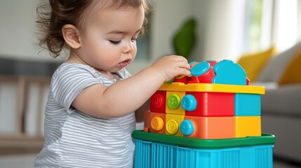 Child playing with colorful building blocks in a bright room.