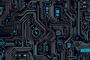 Abstract close-up of a glowing blue digital circuit board, showcasing intricate connections and technological design on a black background.
