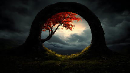 Crimson tree sprouting through rocky natural arch, silhouetted against dramatic sunset clouds, revealing enigmatic landscape with surreal visual composition