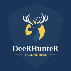 Deer hunter logo vector illustration template vintage emblem design for club hunting activity
