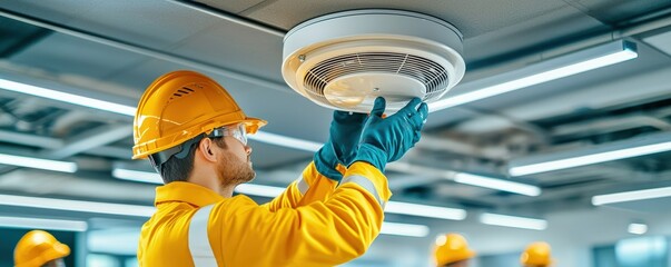 A worker installing a fire alarm for safety in a commercial building