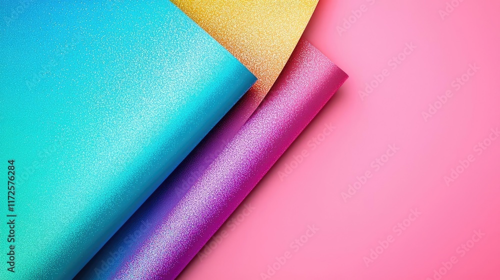 Aufkleber glitter abstract background concept. vibrant colorful glossy paper sheets layered on a pink backgrou