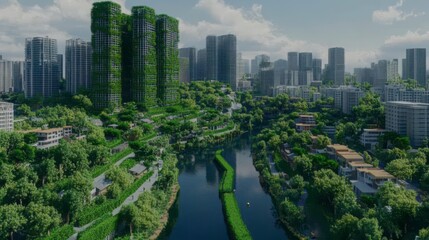 Fototapeta premium Green Urban Landscape with Futuristic Buildings and Natural River
