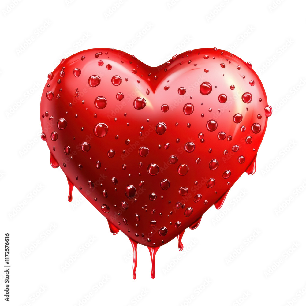 Poster shiny red heart with dripping effect and raindrop texture