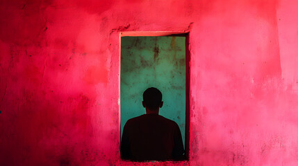 African American man silhouetted against vibrant doorway, contemplating personal moment with bold red and green color contrast defining urban scene