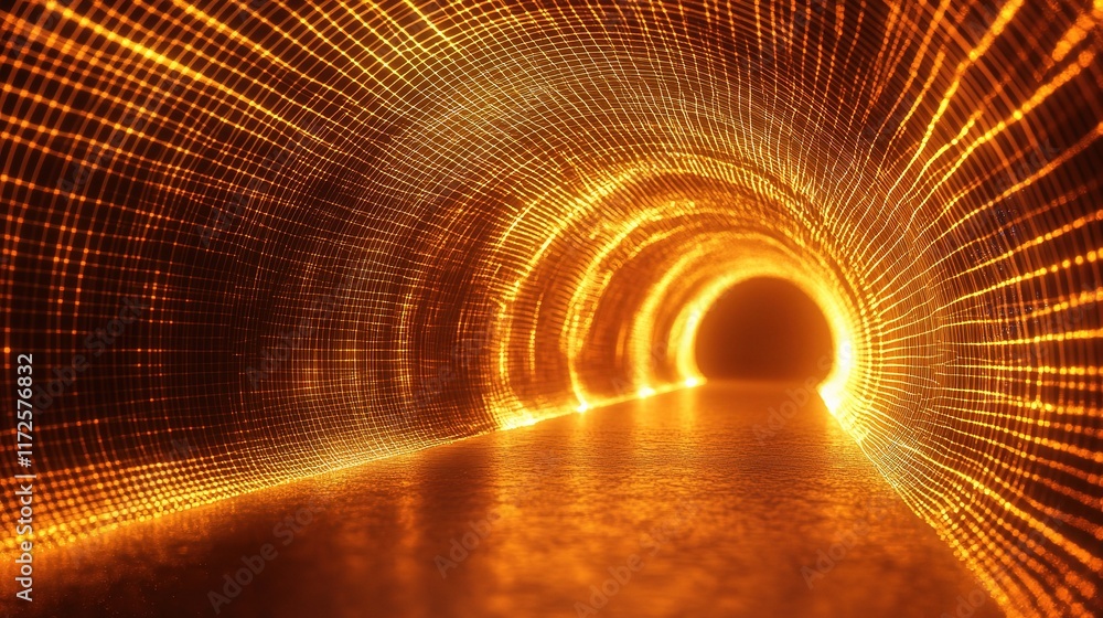 Poster glowing abstract wireframe tunnel with lights in a futuristic style