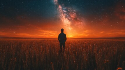Man silhouetted against sunset, Milky Way; peaceful field.