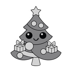 

A festive black-and-white illustration of a Christmas tree adorned with ornaments, surrounded by neatly wrapped gifts, capturing the holiday spirit in minimalist detail.