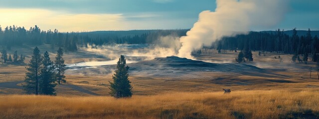 An awe-inspiring view of the Yellowstone National Park, USA, with its geothermal features and erupting Old Faithful geyser under the golden light of a Yellowstone sunrise