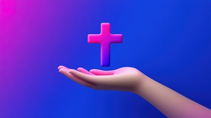 Obraz premium Hand Holding Colorful Cross Symbol on Vibrant Blue Background