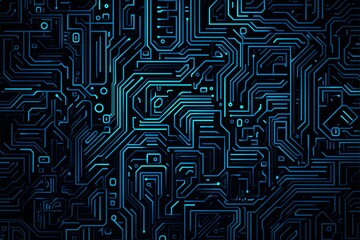Abstract close-up of a glowing blue digital circuit board, showcasing intricate connections and technological design on a black background.

