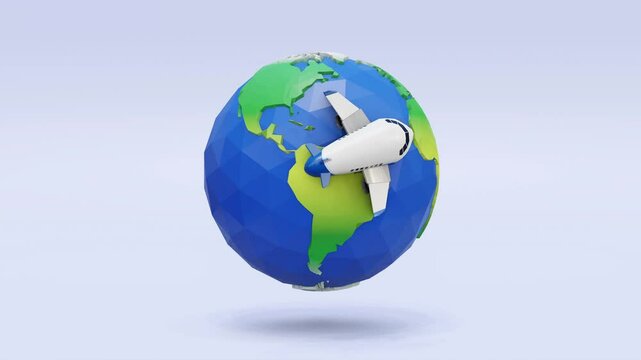 Illustration Low-poly the 3D Earth with a blue and white airplane flying around it. Perfect for travel, tourism, and global-themed projects.