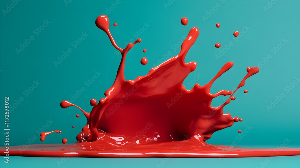 Poster vibrant red paint splattering across turquoise surface, creating dynamic abstract form representing 