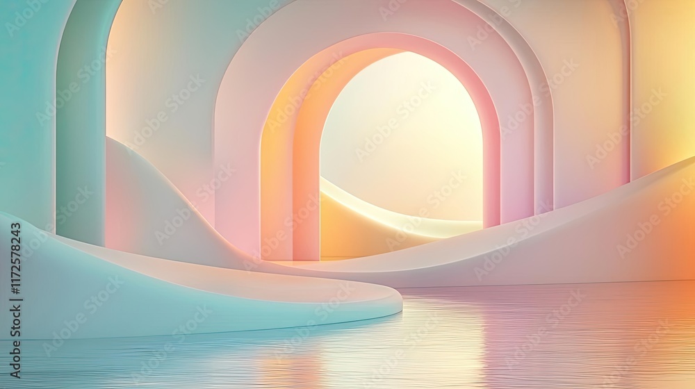 Poster Pastel abstract background idea. A serene abstract scene featuring colorful arches and soft curves with reflective surfaces.