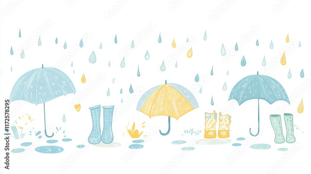 Poster playful doodle of colorful rain boots and umbrellas under a whimsical rain shower in a cheerful sett