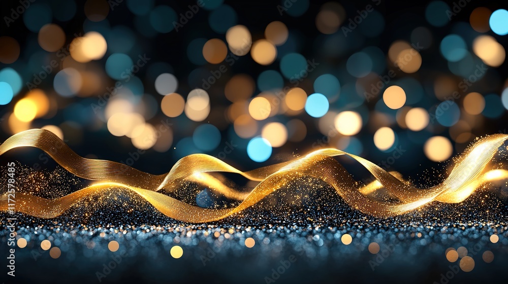 Poster golden ribbon shimmering on a dark background with colorful bokeh