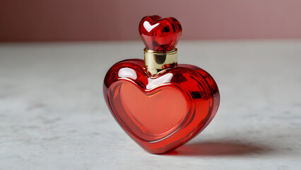 Perfume bottle perfume products in the shape of a red heart on a neutral background