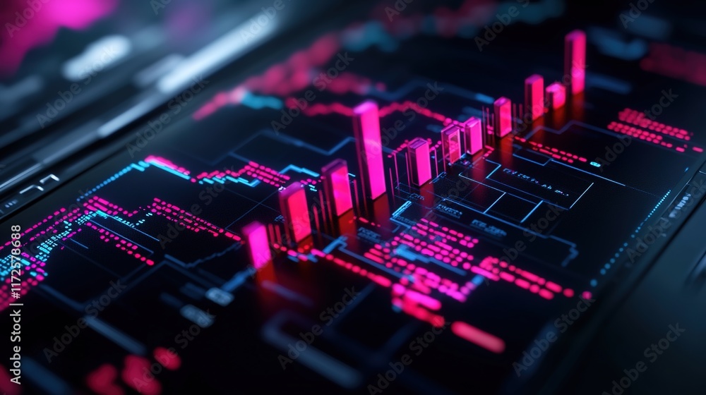 Poster futuristic data visualization with bright neon graphs and charts