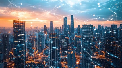 Fototapeta premium Bustling City Skyline with Reflections on Glass Buildings at Dusk