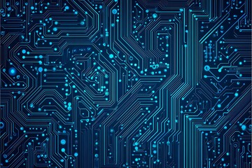 Abstract close-up of a glowing blue digital circuit board, showcasing intricate connections and technological design on a black background.
