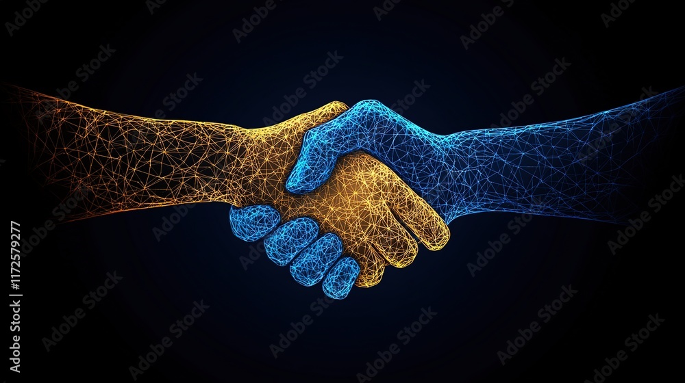 Poster futuristic digital handshake symbolizing collaboration and unity