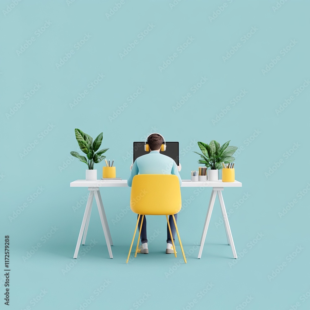 Poster modern workspace with minimalist design featuring a person in headphones working on a computer surro