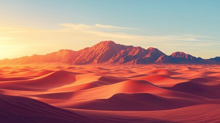 Sunset over the Desert Dunes: A breathtaking vista of rolling sand dunes bathed in the warm glow of the setting sun, with majestic mountains rising in the distance.
