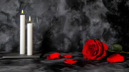 White candle with a rose and flower petals on grey stone panoramic background with copy space, funeral services web banner