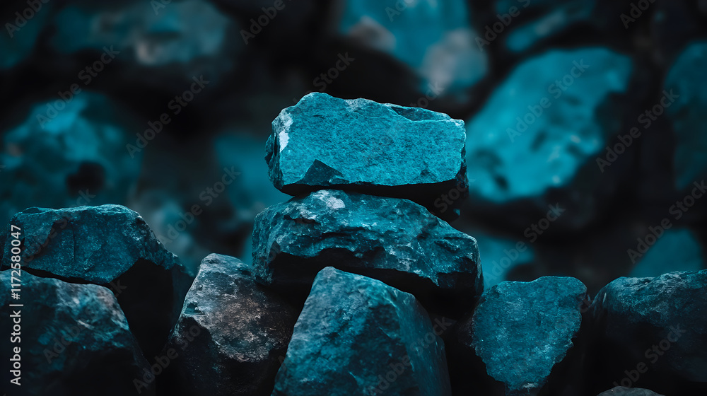 Poster balancing stones creating a small cairn on a blurred background of rocks, concept of balance, harmon