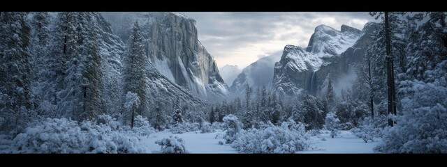 An awe-inspiring view of the Yosemite Valley, USA, with granite cliffs and towering sequoias under a blanket of fresh snow at dawn