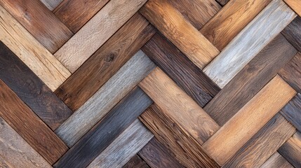 A close-up view of a herringbone-patterned wooden floor, showcasing a mix of warm tones and textures.