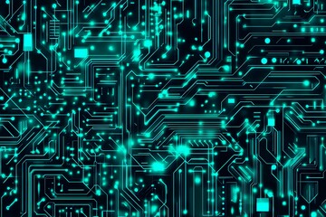 Abstract close-up of a glowing blue digital circuit board, showcasing intricate connections and technological design on a black background.
