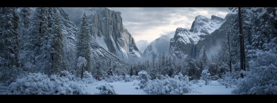 An awe-inspiring view of the Yosemite Valley, USA, with granite cliffs and towering sequoias under a blanket of fresh snow at dawn