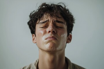 Fototapeta premium Emotional expression captured with soap on face, showcasing vuln