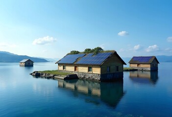 Naklejka premium Modern Eco-Friendly Houses Float Serenely on Tranquil Waters Under a Clear Blue Sky