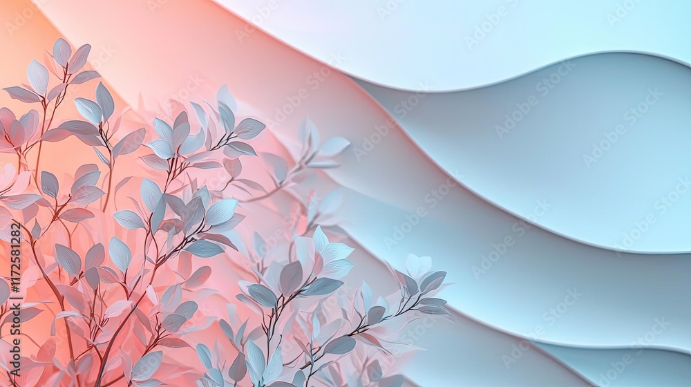 Poster Pastel abstract background idea. Elegant abstract design featuring soft curves and delicate foliage in calming colors.