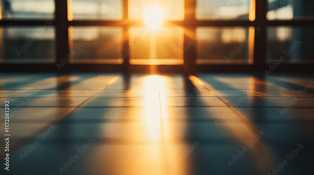 Poster sunlight rays casting long shadows on floor through window pane