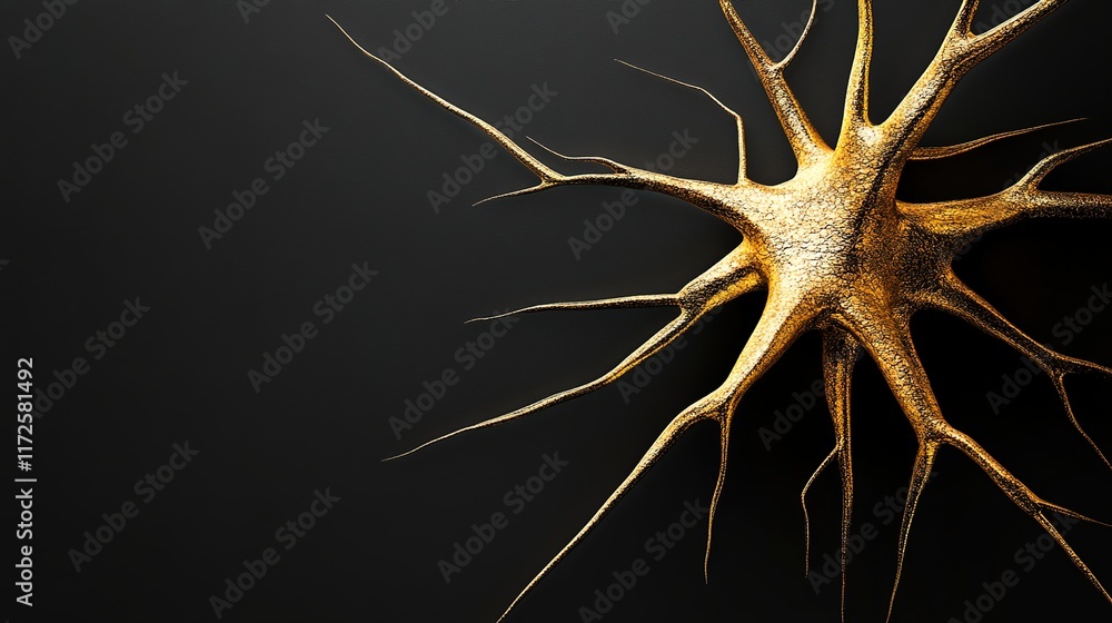 Poster intricate yellow neuron structure on dark background for science use