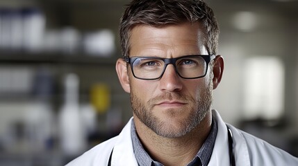 Obraz premium Confident Male Doctor in White Coat with Glasses in Clinic Setting