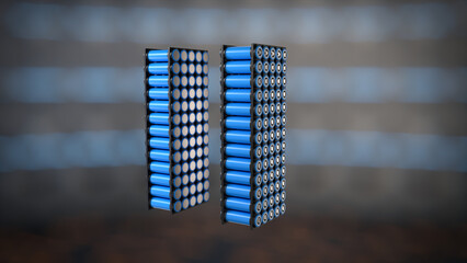 Two arrays of 21700 lithium-ion cells for the e-bike Electric Battery assembly. 3D Render